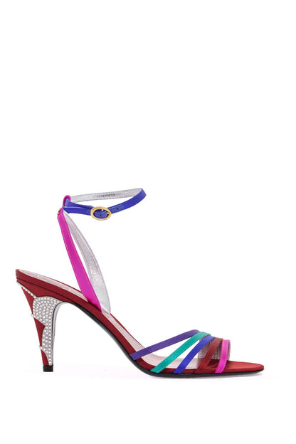 Multicolor High Heel Sandals With Strass In Calfskin And Red Sole  - Multicolor