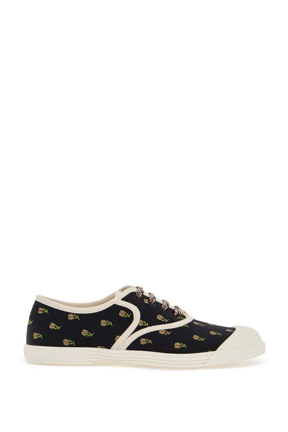 Black Cotton Sneakers With Floral Pattern And Rubber Sole  - Black