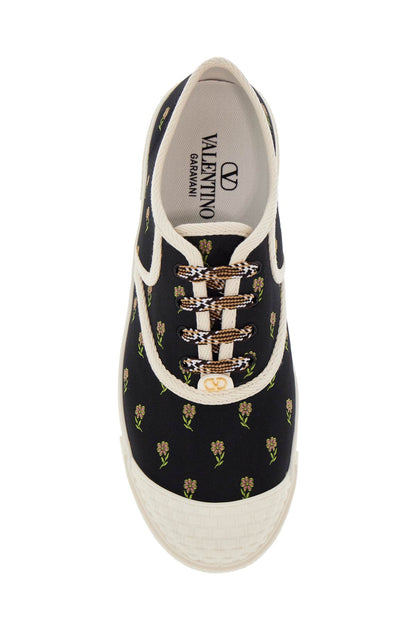 Black Cotton Sneakers With Floral Pattern And Rubber Sole  - Black