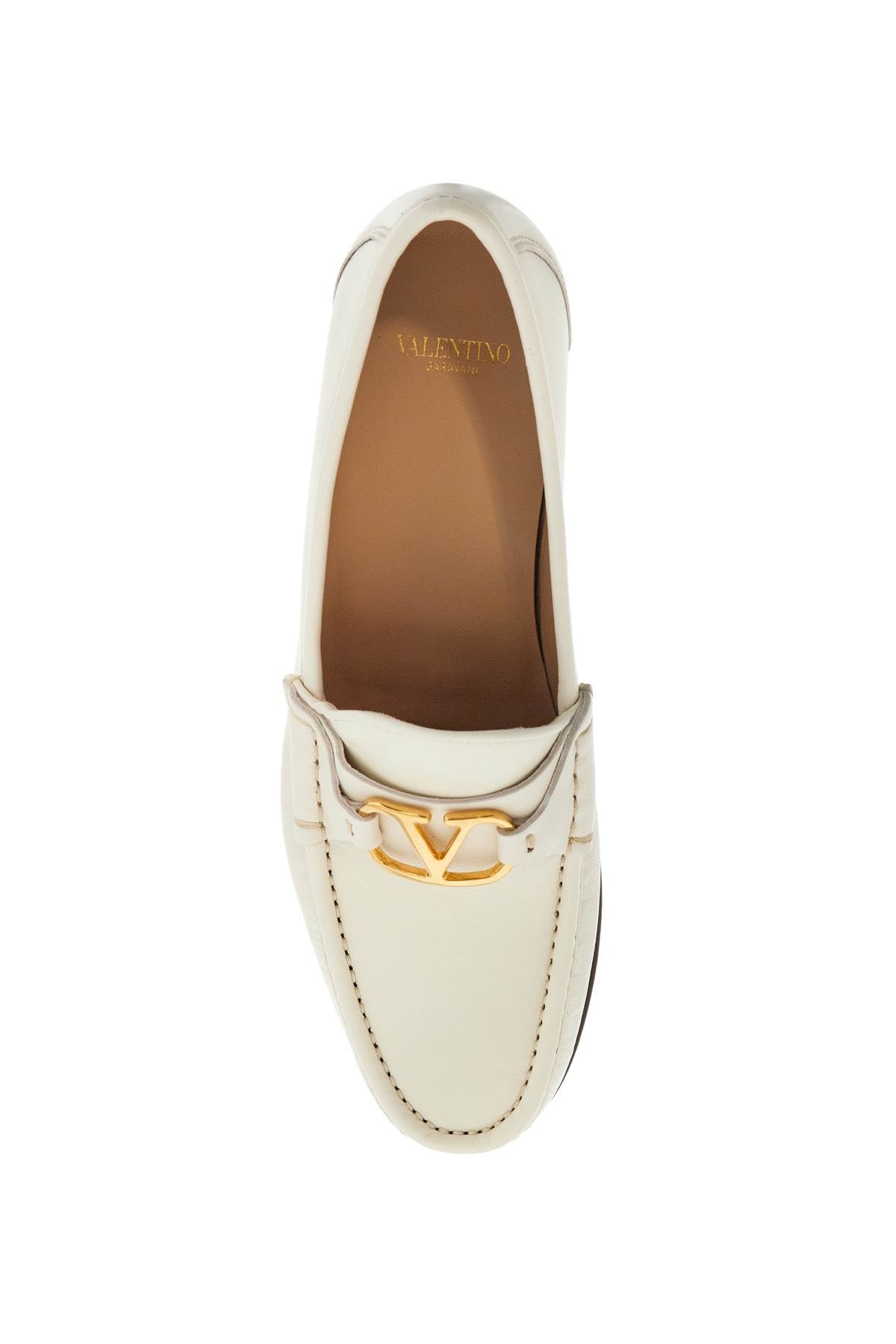 Ivory Leather Loafer With Golden Metal V Logo  - Beige