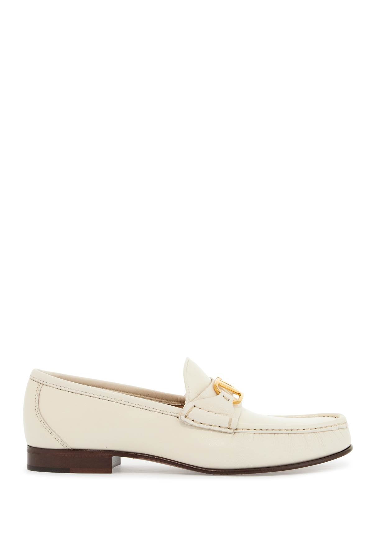 Ivory Leather Loafer With Golden Metal V Logo  - Beige