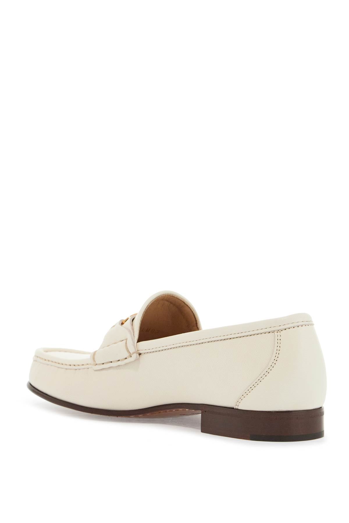 Ivory Leather Loafer With Golden Metal V Logo  - Beige