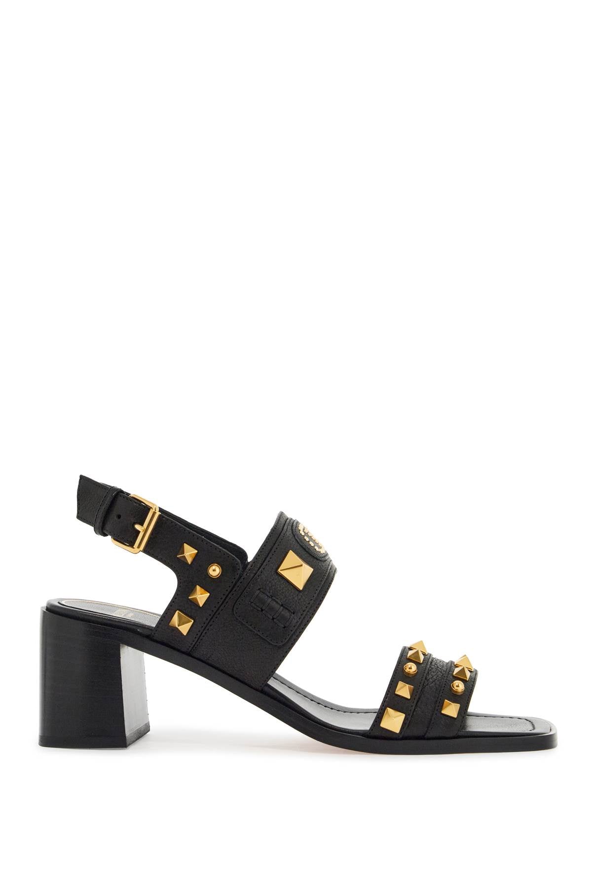 Black Buffalo Leather Sandals With Golden Studs And Square Heel  - Black