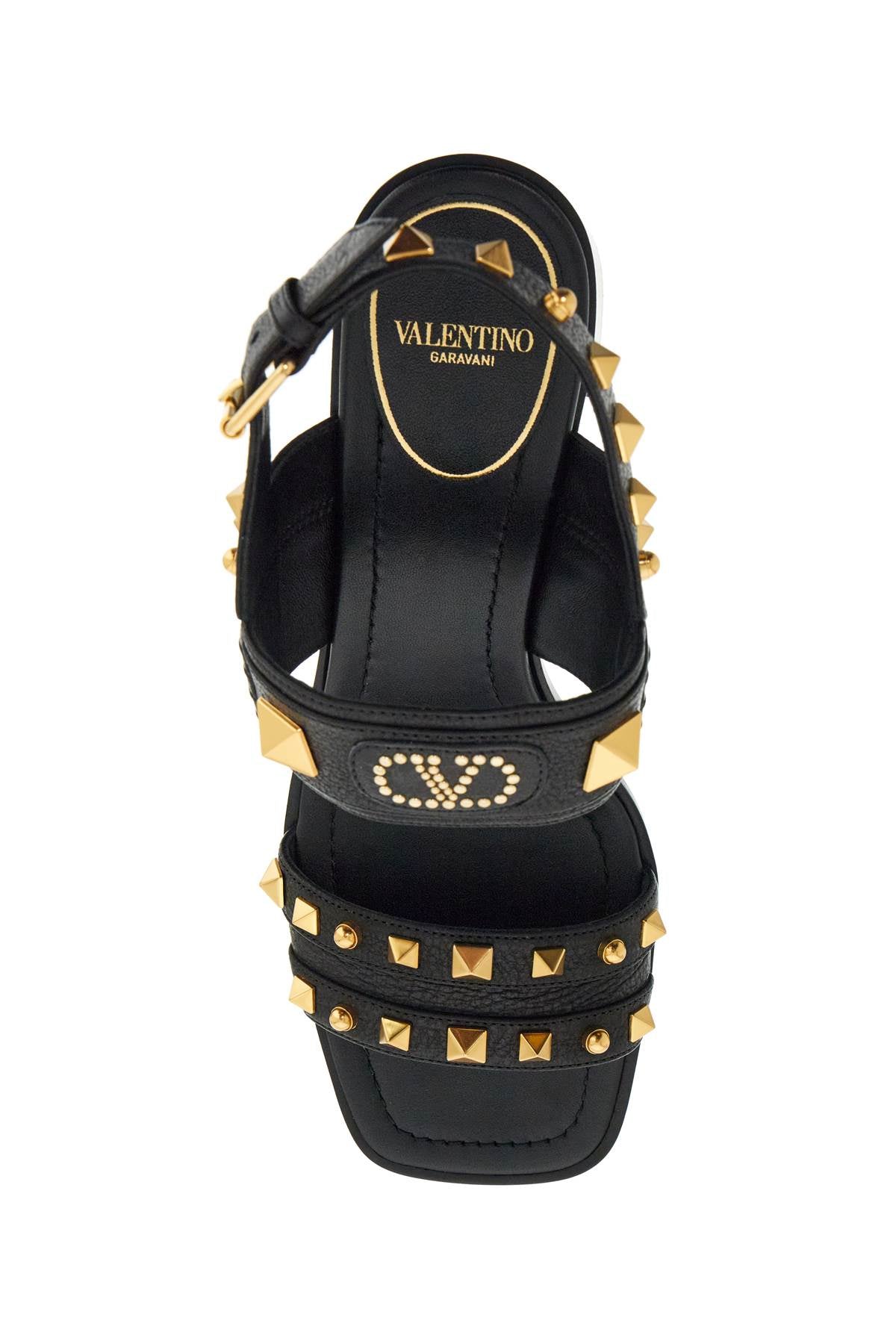 Black Buffalo Leather Sandals With Golden Studs And Square Heel  - Black