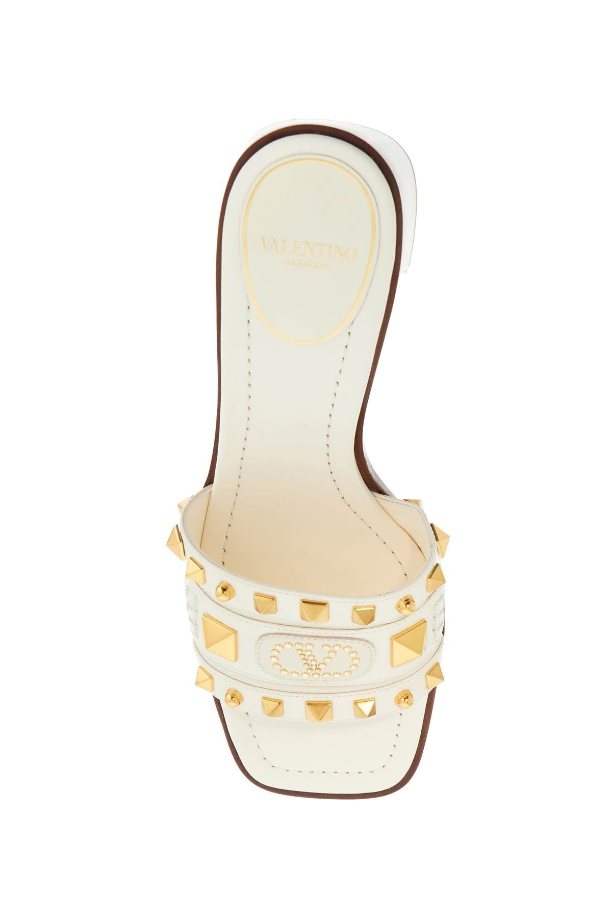 Ivory Leather Slippers With Golden Studs And Low Heel  - Beige