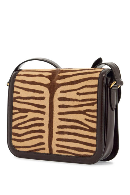 Beige And Dark Brown Striped Leather Shoulder Bag  - Beige