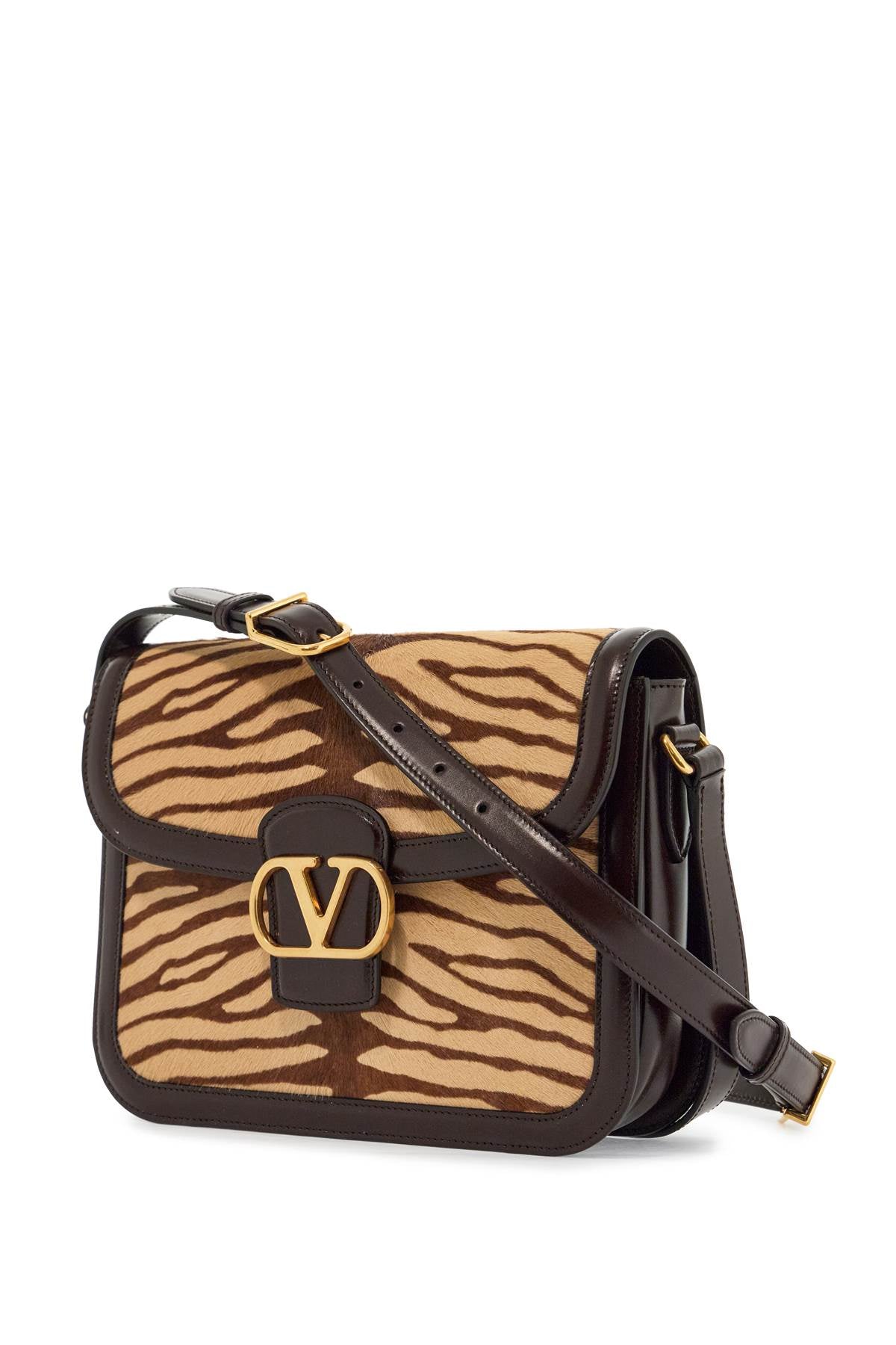 Beige And Dark Brown Striped Leather Shoulder Bag  - Beige