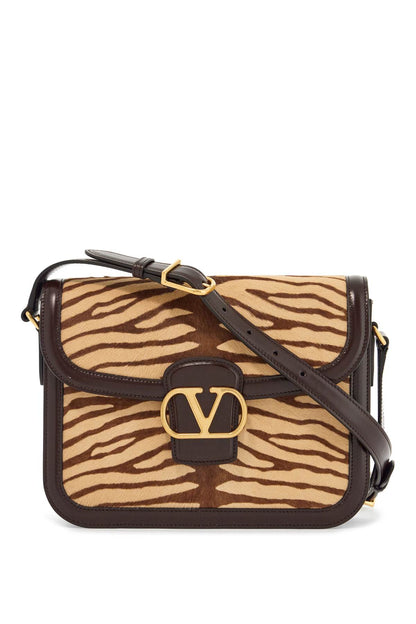 Beige And Dark Brown Striped Leather Shoulder Bag  - Beige