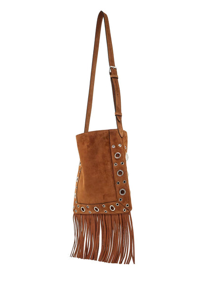 Brown Copper Suede Crossbody Bag With Studs And Fringe  - Brown