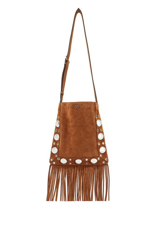 Brown Copper Suede Crossbody Bag With Studs And Fringe  - Brown