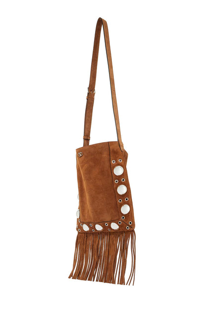 Brown Copper Suede Crossbody Bag With Studs And Fringe  - Brown