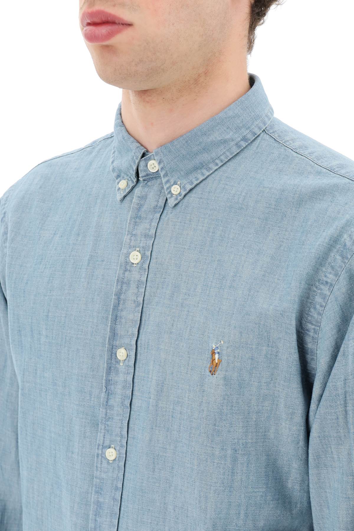 Slim Fit Shirt In Stone-washed Chambray  - Light Blue