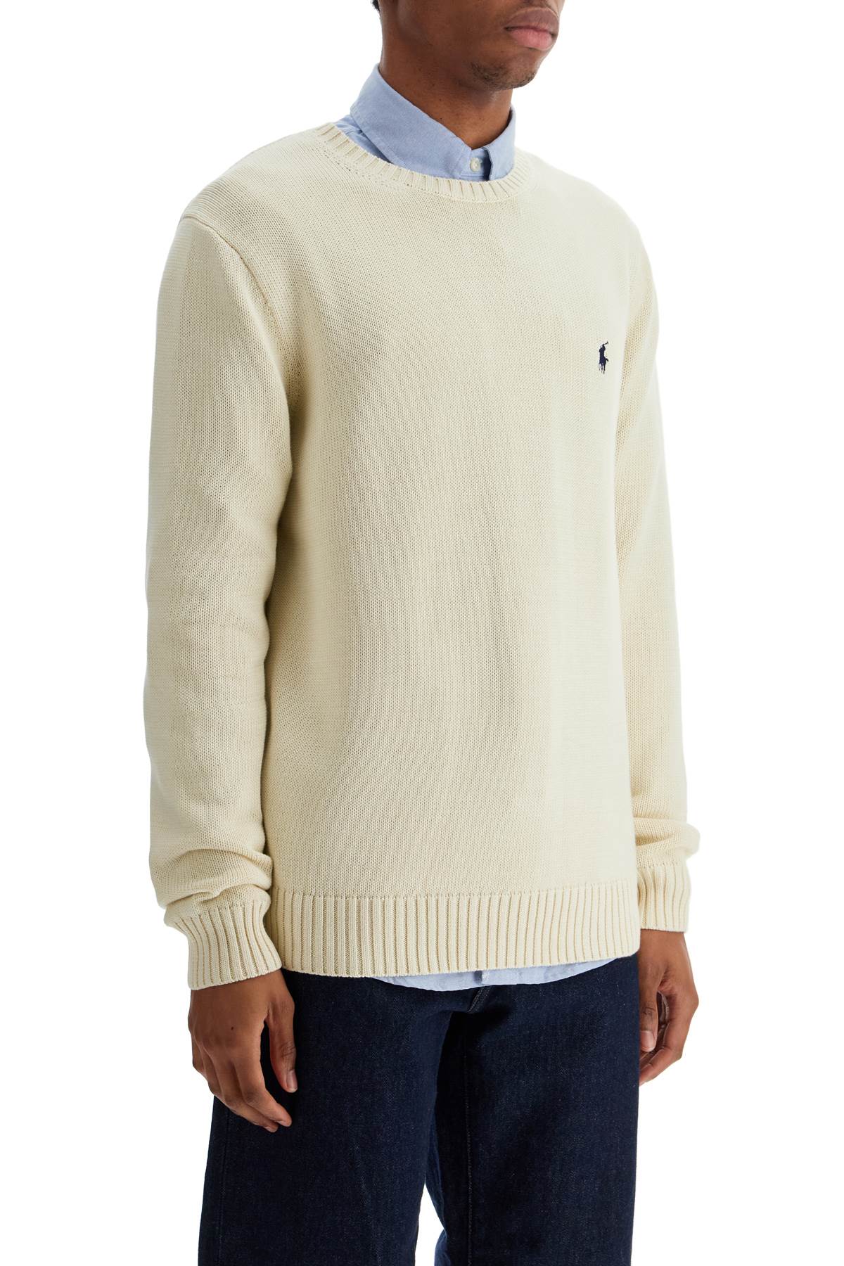 Cream Cotton Sweater With Embroidered Logo  - Beige