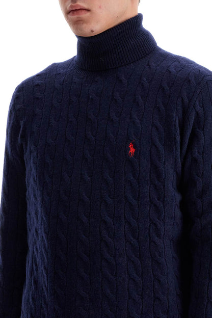 High-neck Wool And Cashmere Cable-knit Pullover Sweater  - Blue