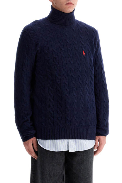 High-neck Wool And Cashmere Cable-knit Pullover Sweater  - Blue