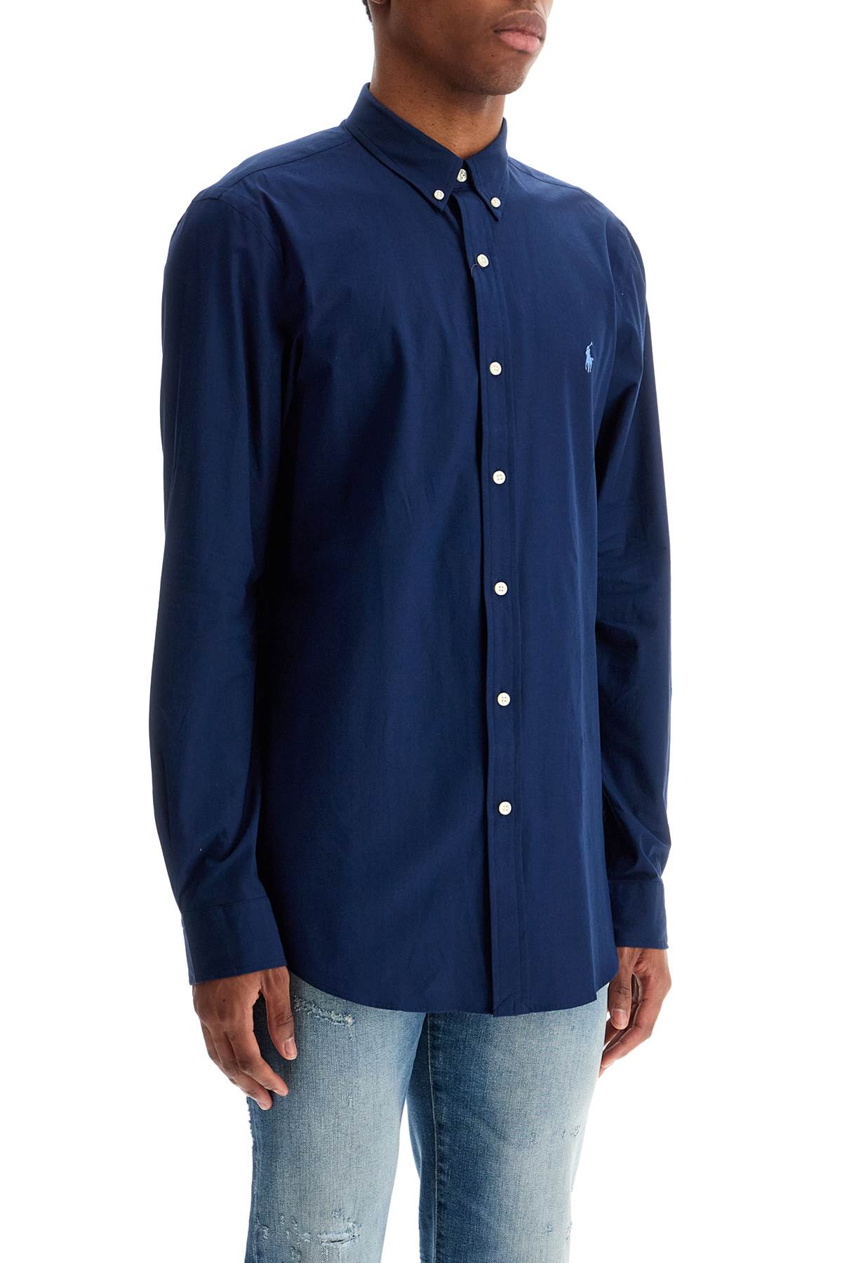 Slim Fit Shirt In Stretch Poplin  - Blue