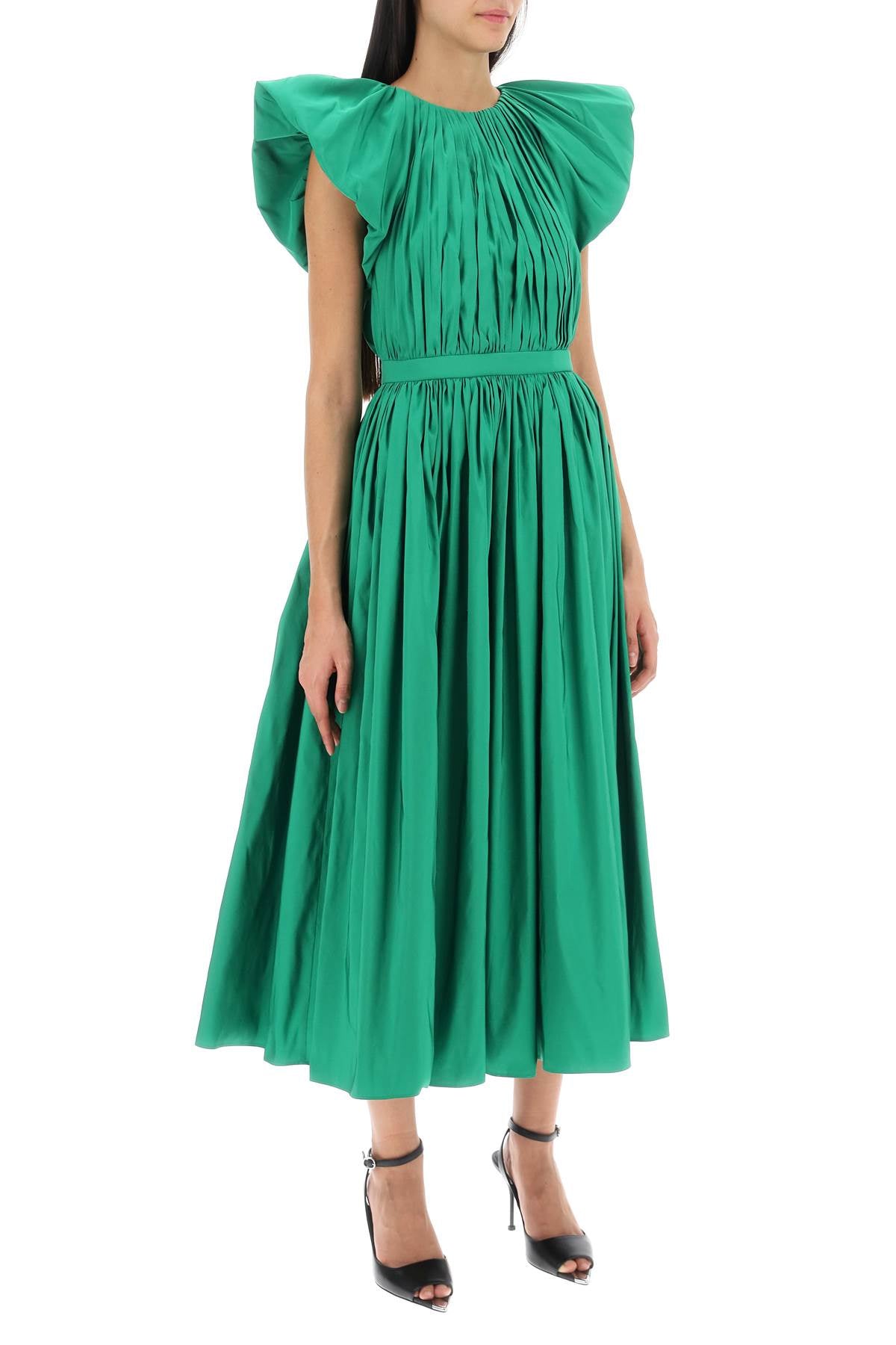 Pleated Open Back Midi Dress  - Green