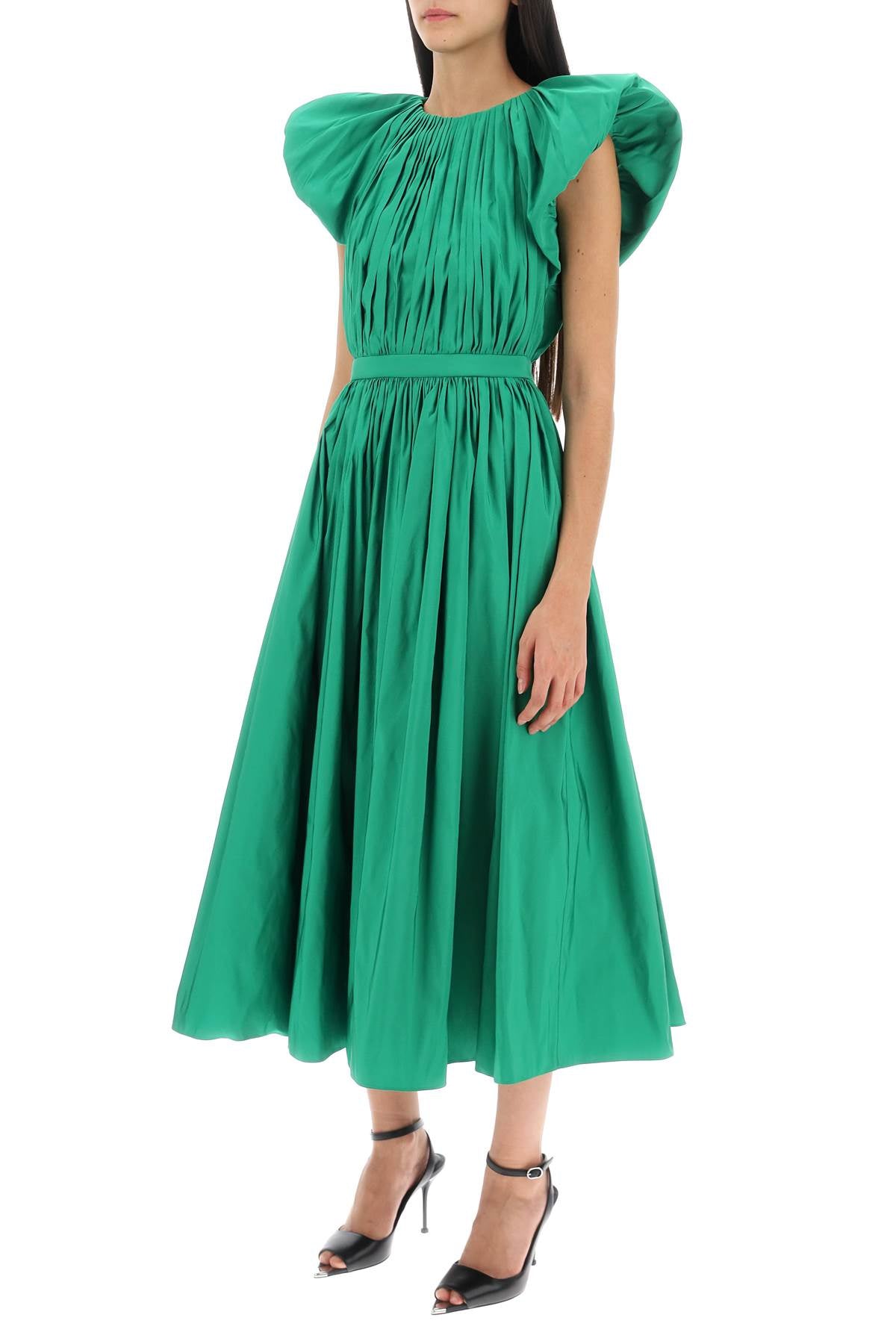 Pleated Open Back Midi Dress  - Green