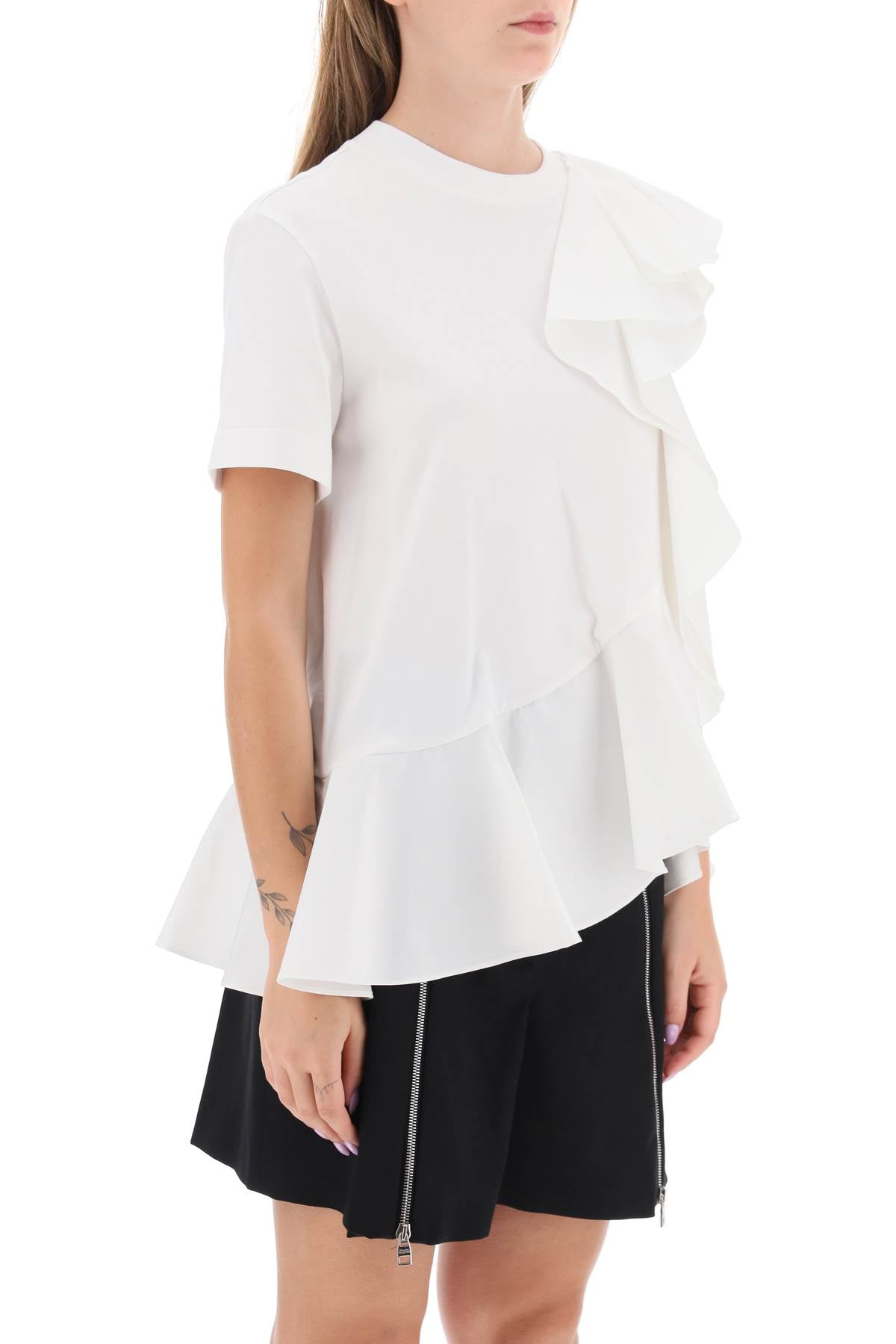 Ruffled Asymmetric Jersey Top  - Bianco