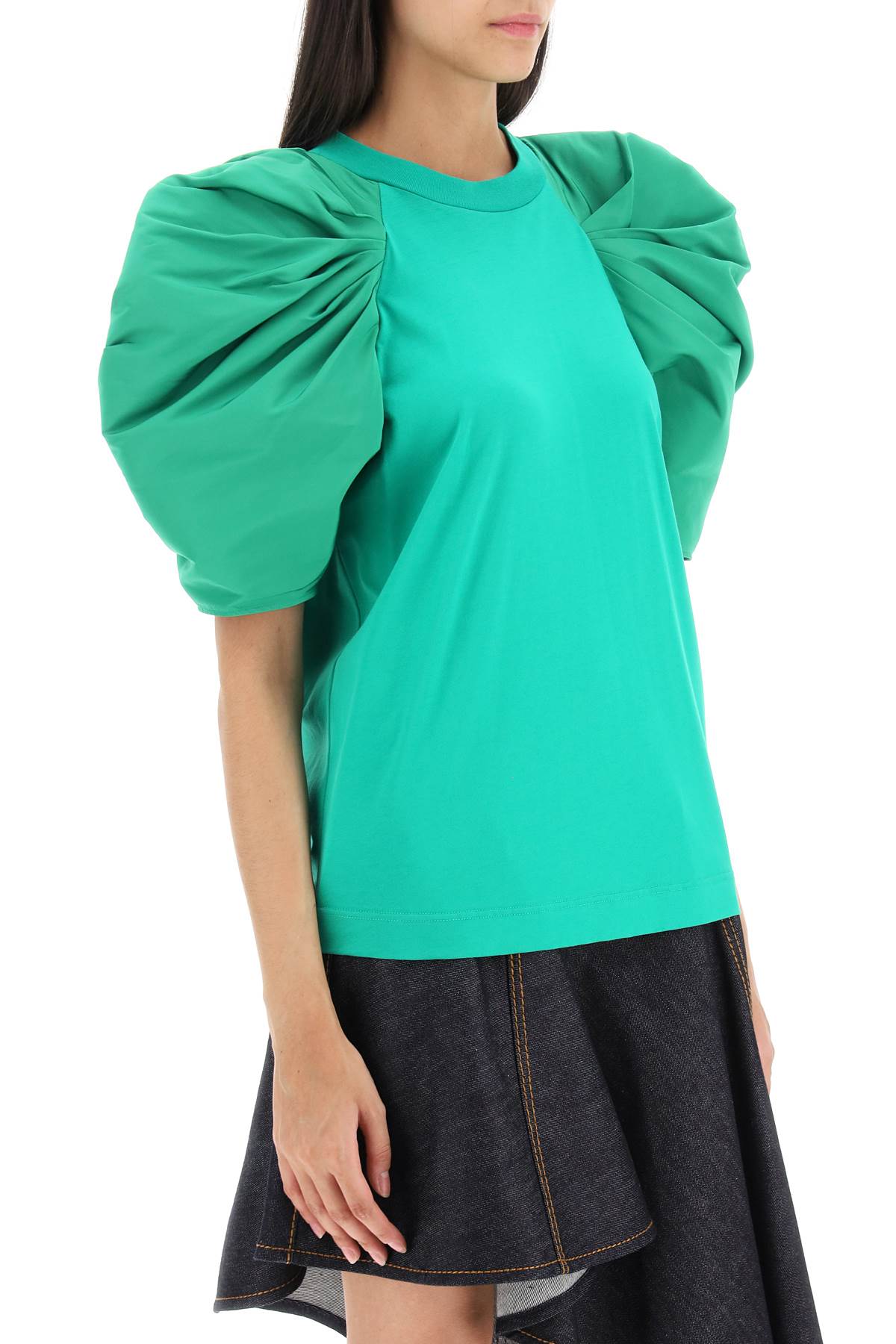 T-shirt With Ruched Balloon Sleeves In Poly Faille  - Green