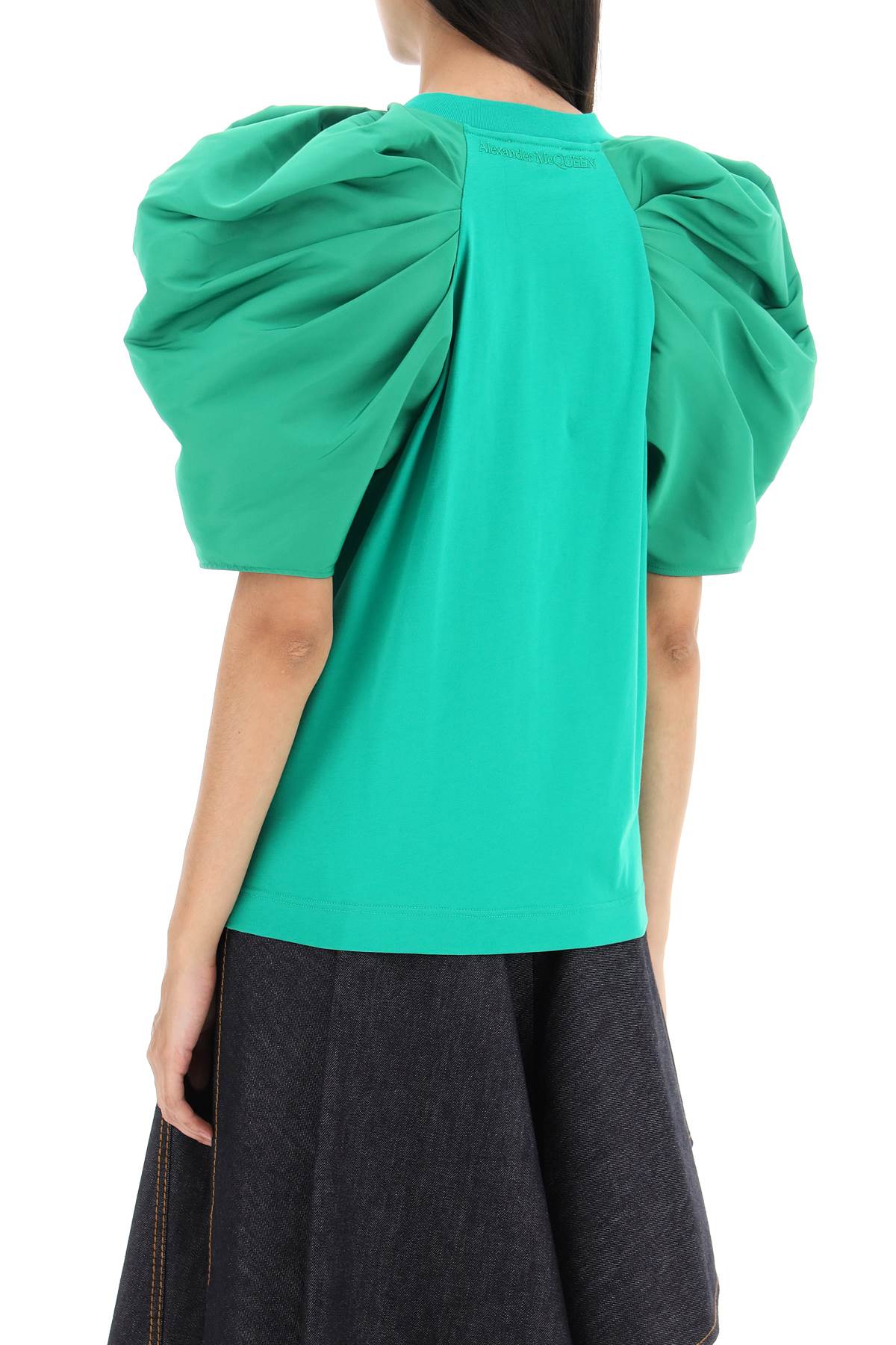 T-shirt With Ruched Balloon Sleeves In Poly Faille  - Green