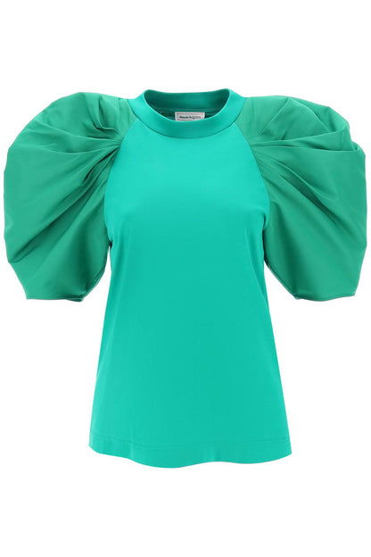 T-shirt With Ruched Balloon Sleeves In Poly Faille  - Green