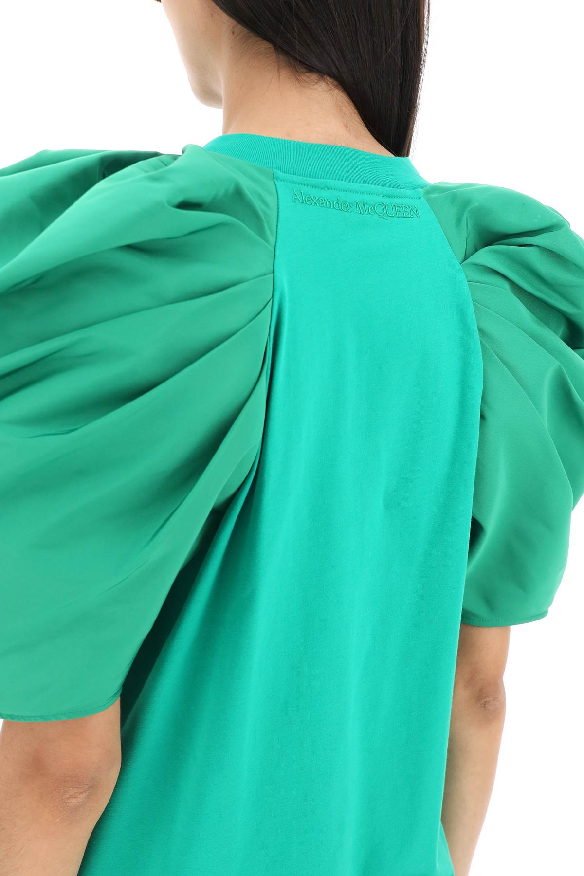 T-shirt With Ruched Balloon Sleeves In Poly Faille  - Green