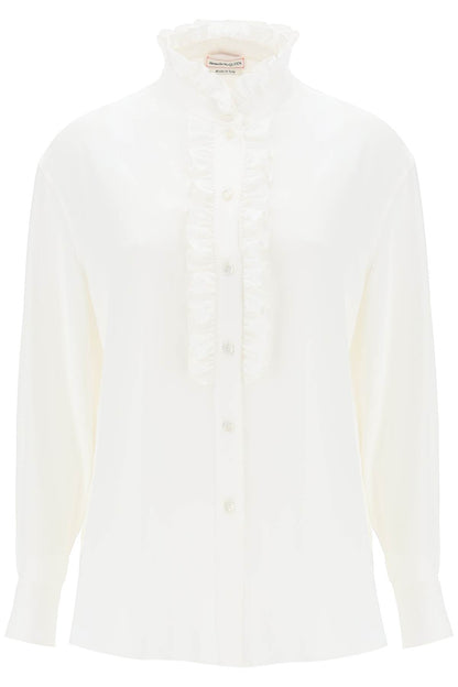 Silk Satin Shirt With Ruffles  - White