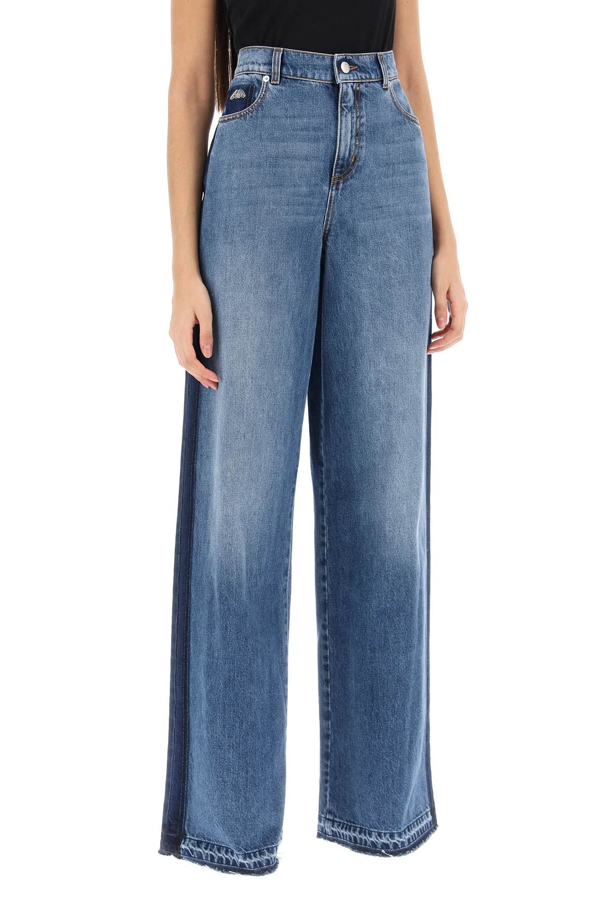 Wide Leg Jeans With Contrasting Details  - Blue