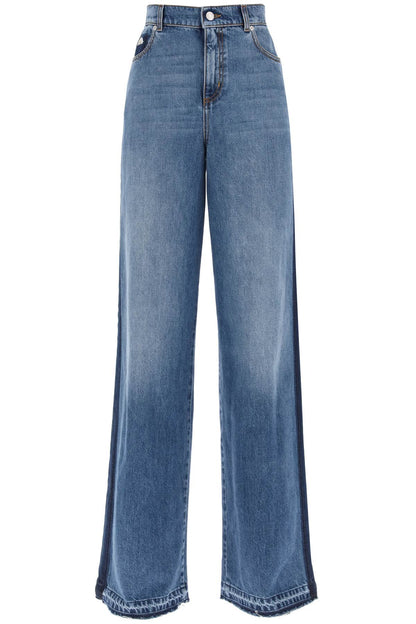 Wide Leg Jeans With Contrasting Details  - Blue