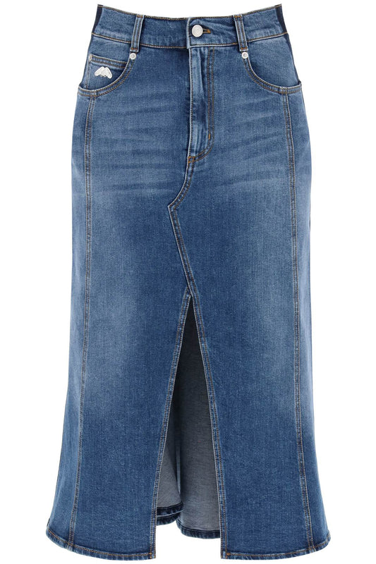 Washed Denim Midi Skirt  - Blue