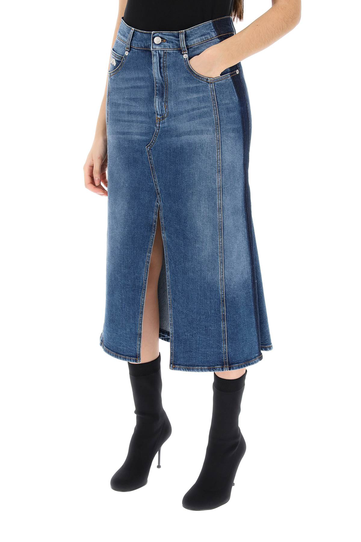 Washed Denim Midi Skirt  - Blue