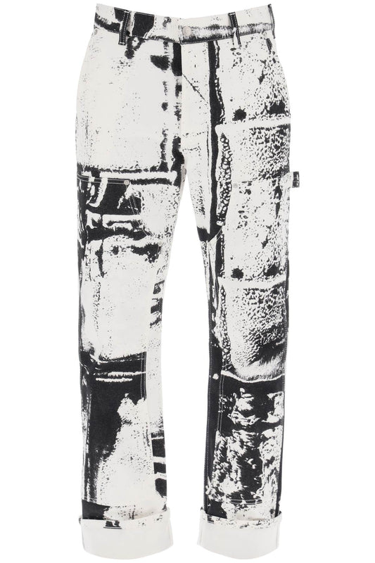 Fold Print Workwear Jeans  - White