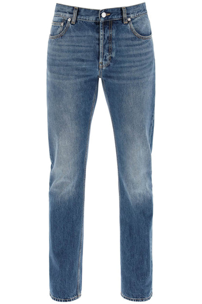 Straight Leg Jeans With Faux Pocket On The Back.  - Blue