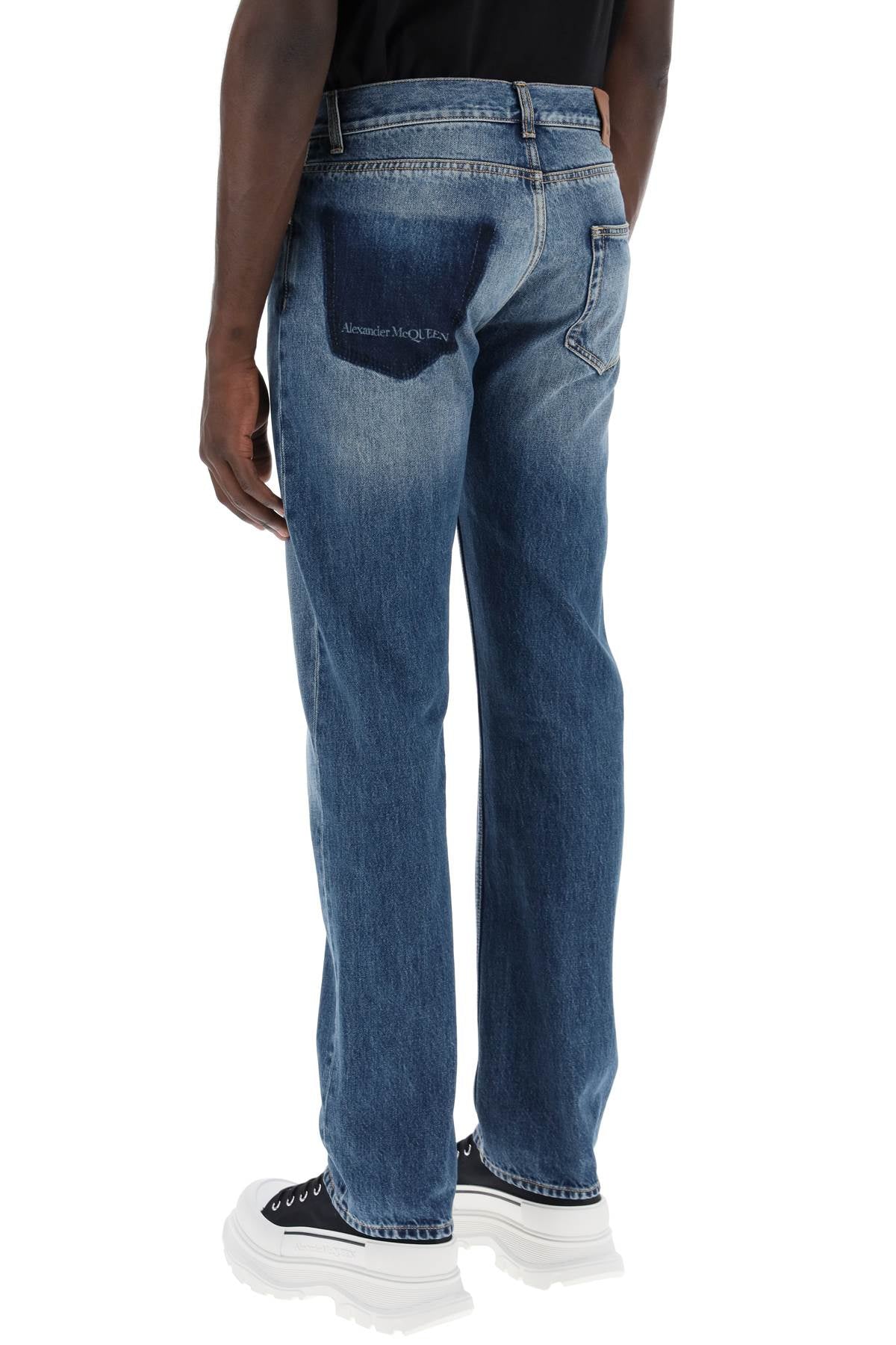 Straight Leg Jeans With Faux Pocket On The Back.  - Blue