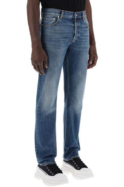 Straight Leg Jeans With Faux Pocket On The Back.  - Blue