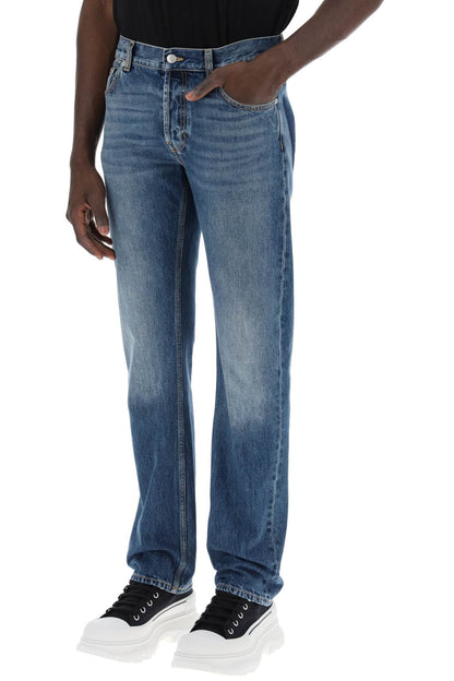 Straight Leg Jeans With Faux Pocket On The Back.  - Blue