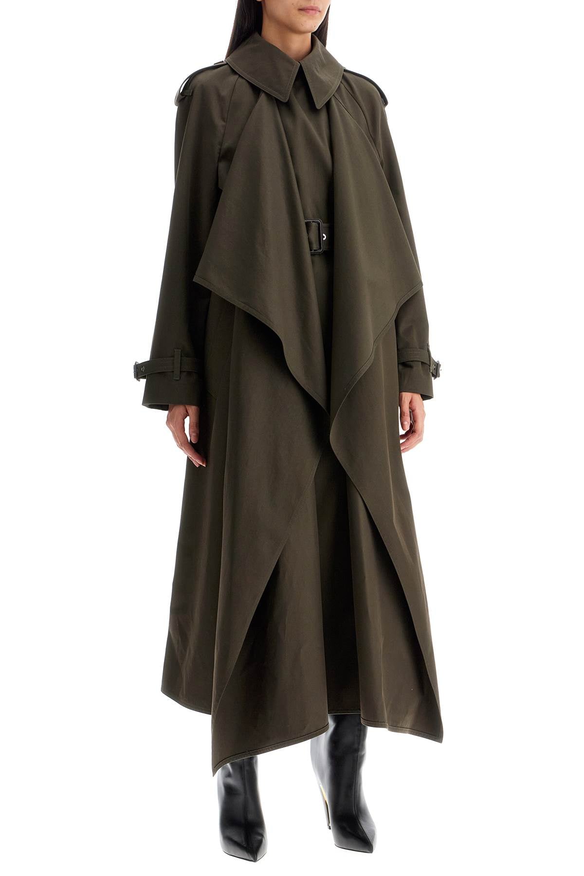 Double-breasted Trench Coat With Draped  - Khaki