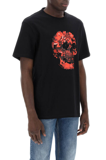 Wax Flower Skull Printed T-shirt  - Black