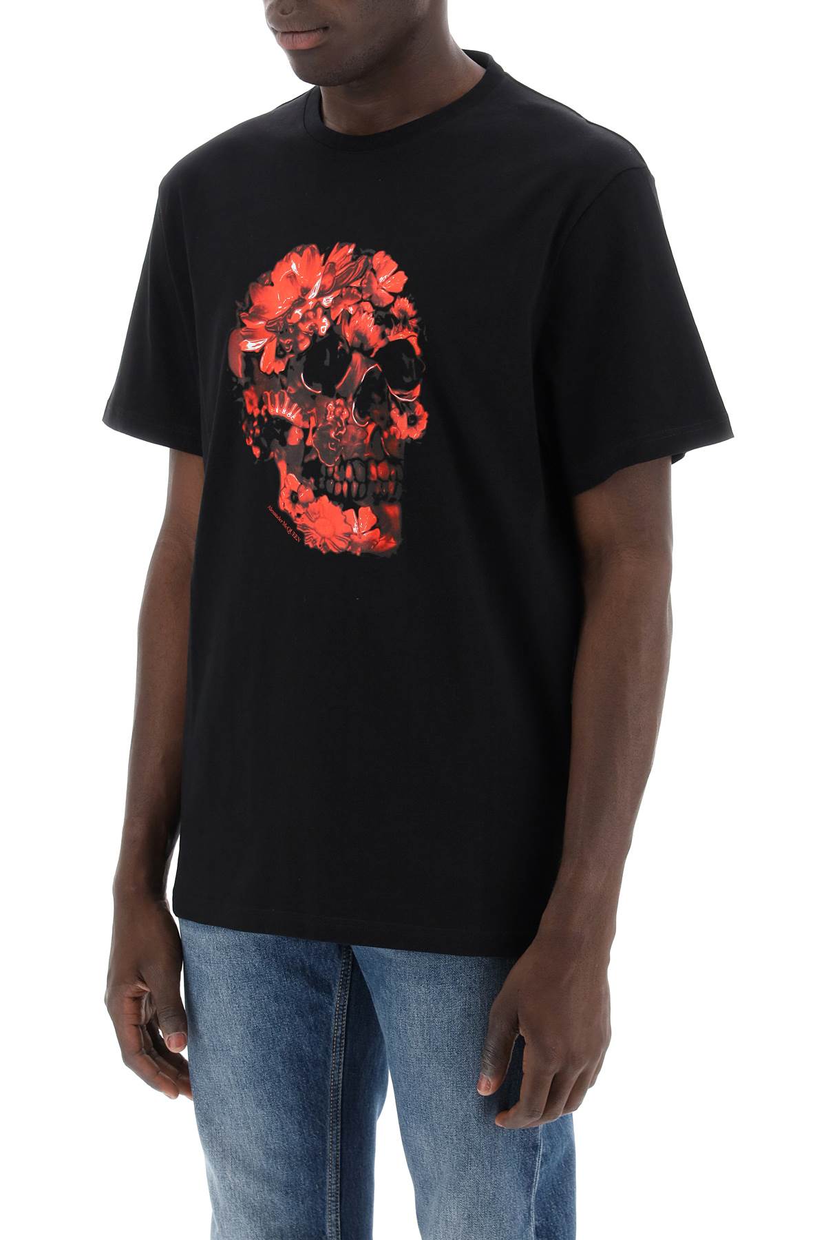 Wax Flower Skull Printed T-shirt  - Black