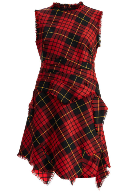 Distressed Wool Tartan Mini Dress  - Red