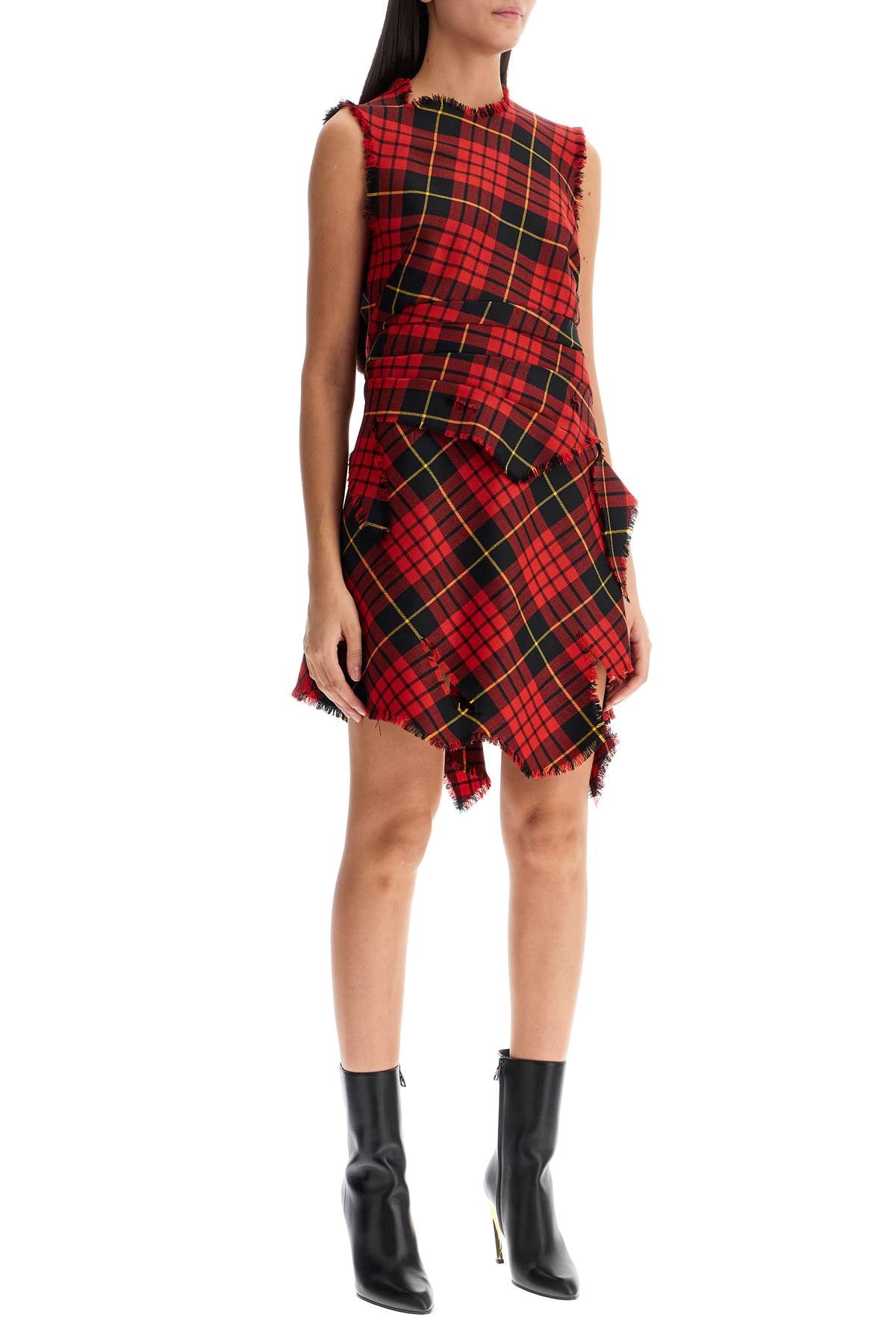 Distressed Wool Tartan Mini Dress  - Red