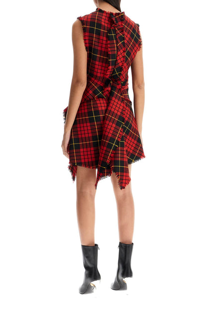 Distressed Wool Tartan Mini Dress  - Red