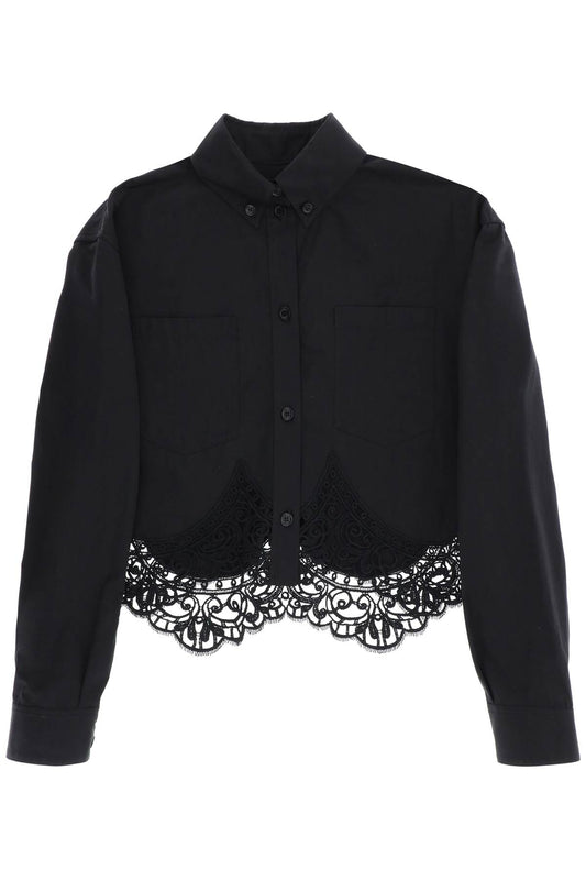 Cropped Shirt With Macrame Lace Insert  - Black