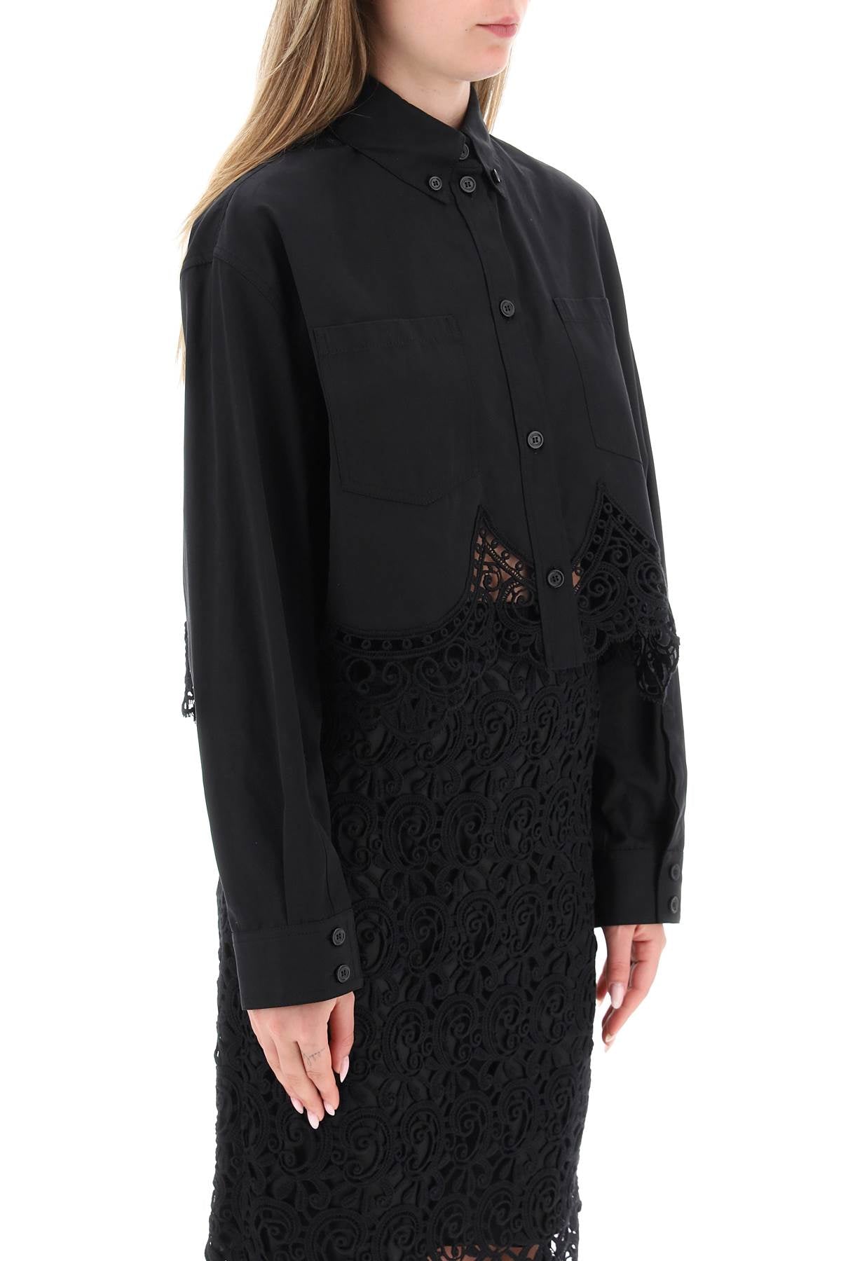 Cropped Shirt With Macrame Lace Insert  - Black