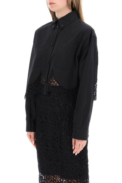 Cropped Shirt With Macrame Lace Insert  - Black