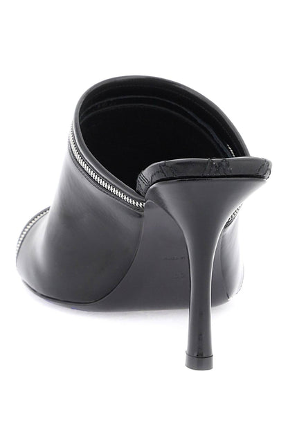 Glossy Leather Peep Mules  - Black