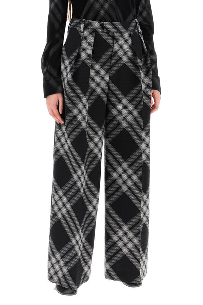 Double Pleated Checkered Palazzo Pants  - Black