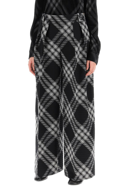 Double Pleated Checkered Palazzo Pants  - Black