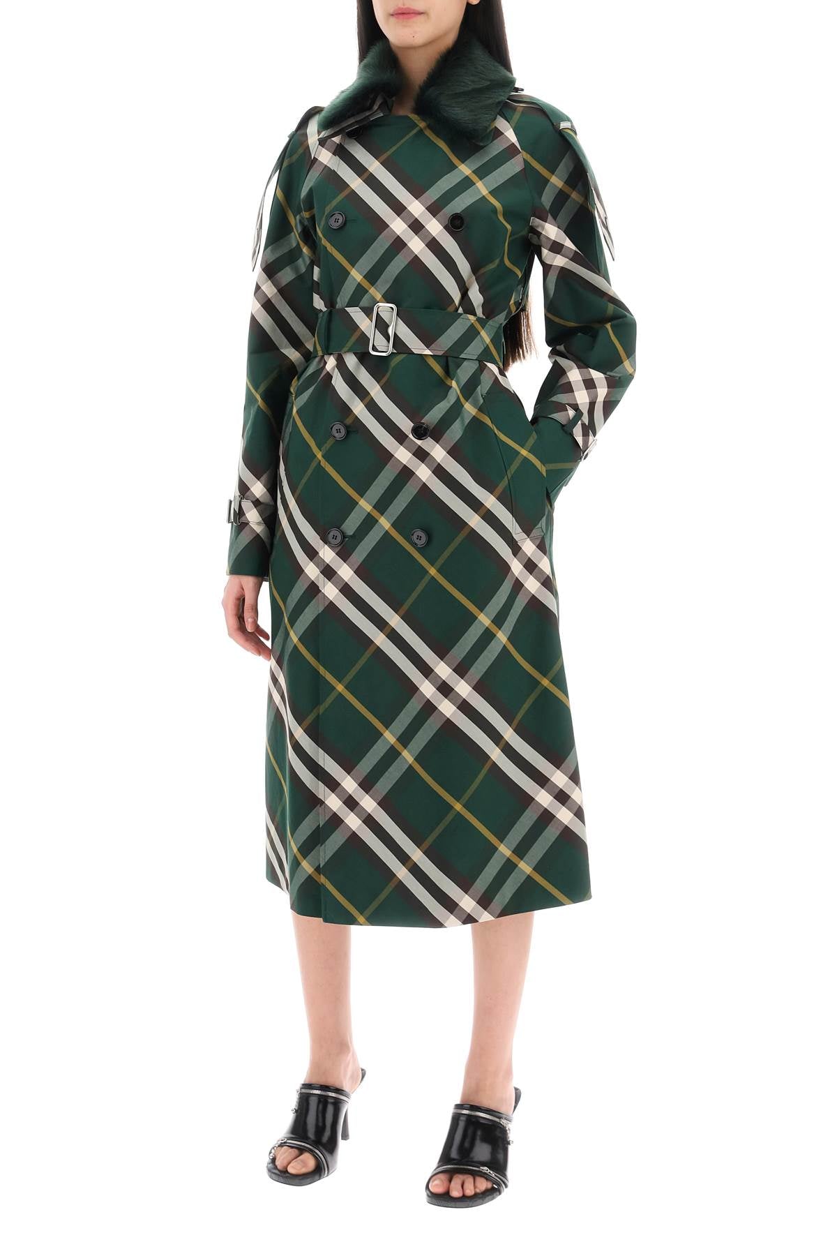 Kensington Trench Coat With Check Pattern  - Green